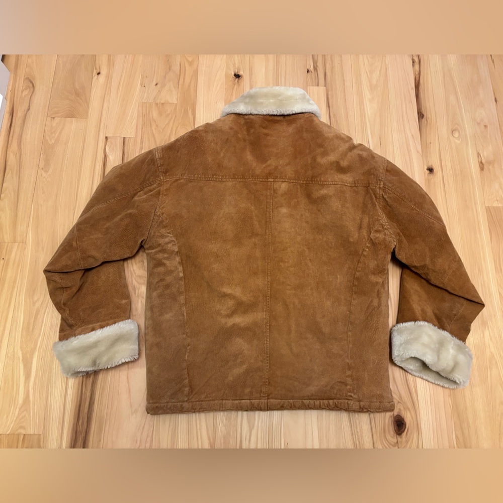 Leather Adult Sz XL Tan Leather Bomber Suede Jacket Coat Faux Fur Trim Boho - Picture 5 of 9